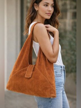 Haute Hippie Suede Shoulder Hobo in Cognac Brown with Gold Accent